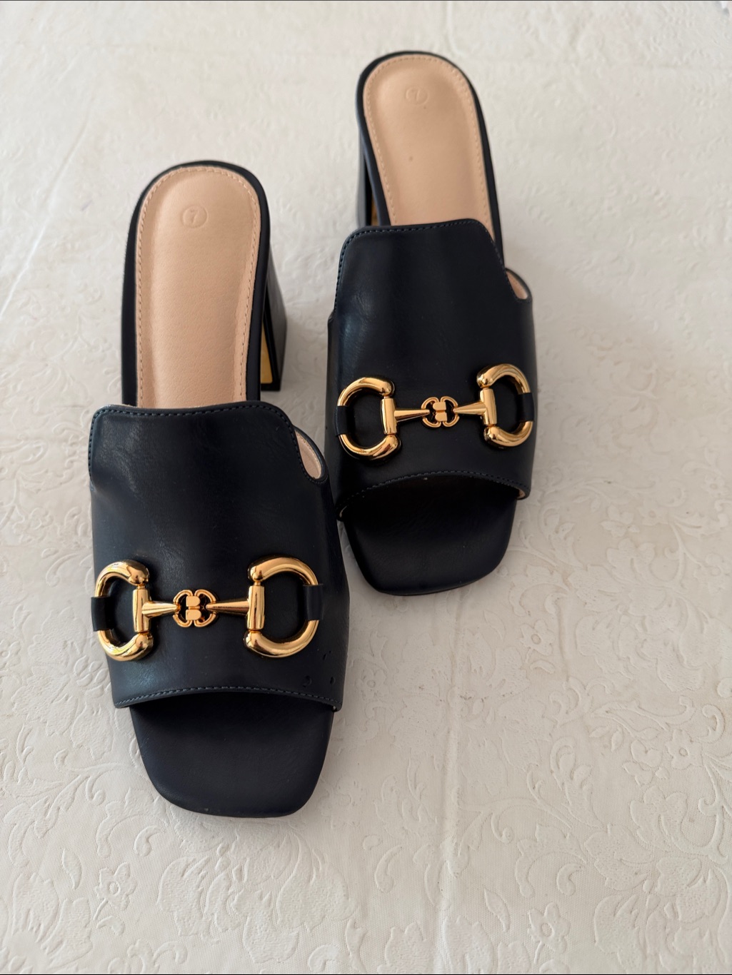 Blue Leather Open-Side Mules With Gold Bit Detail